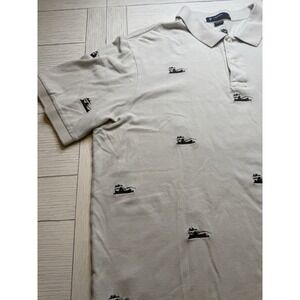 Cremieux Mens XL Polo Shirt Cream W/ Brown Canoe Print. Short Sleeve. 100%Cotton